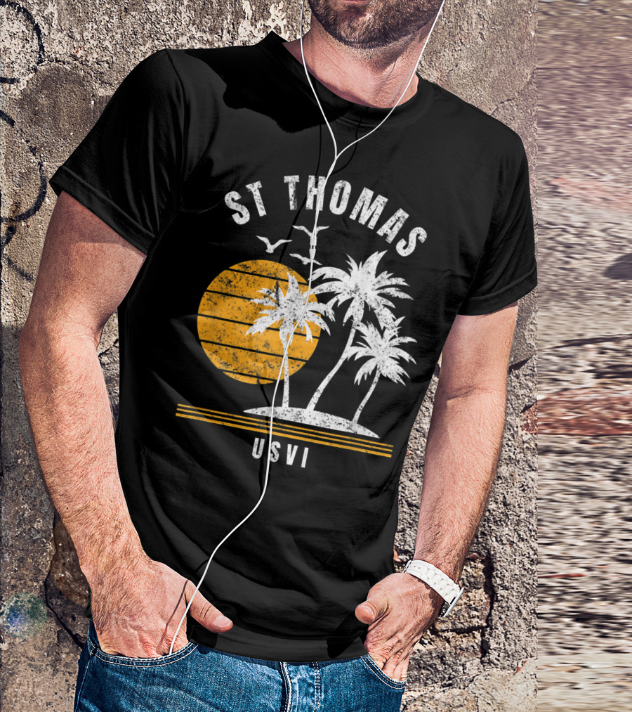 St Thomas USVI Caribbean Sunset With Palm Trees And Birds T-Shirt