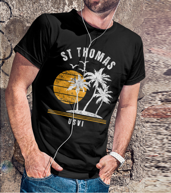 St Thomas USVI Caribbean Sunset With Palm Trees And Birds T-Shirt