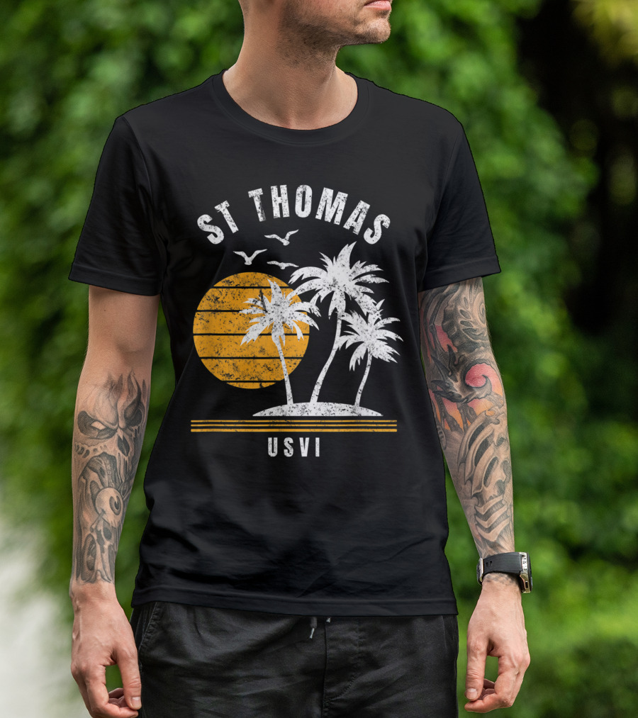 St Thomas USVI Caribbean Sunset With Palm Trees And Birds T-Shirt