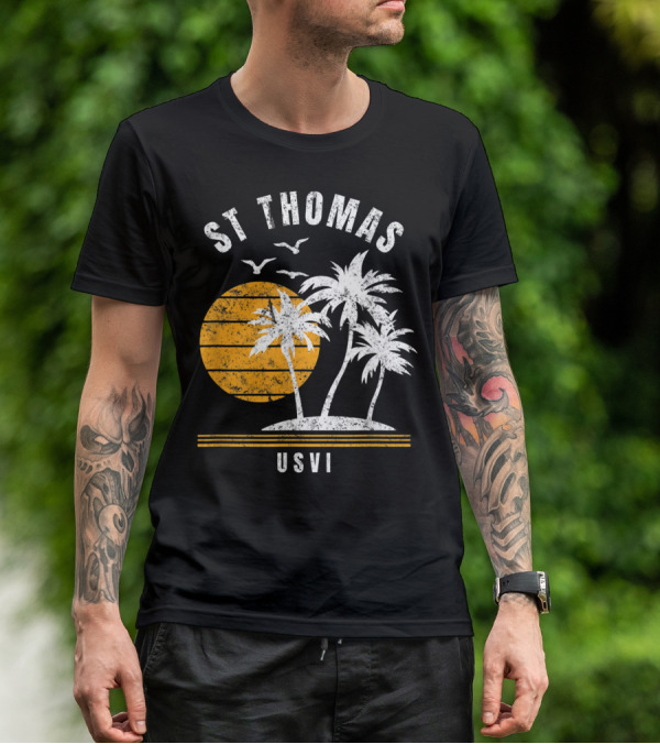 St Thomas USVI Caribbean Sunset With Palm Trees And Birds T-Shirt