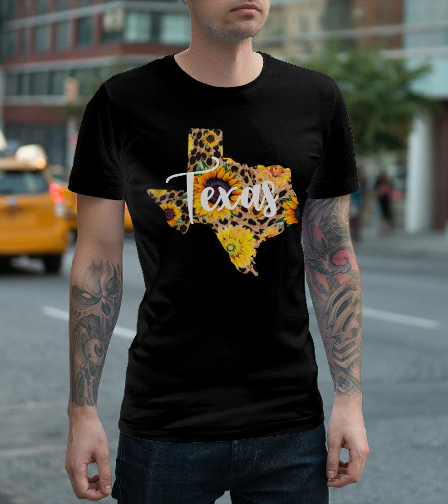 Texas Sunflower Leopard Print Wildflower State Map T-Shirt
