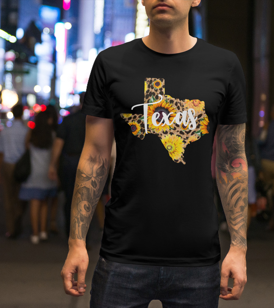 Texas Sunflower Leopard Print Wildflower State Map T-Shirt