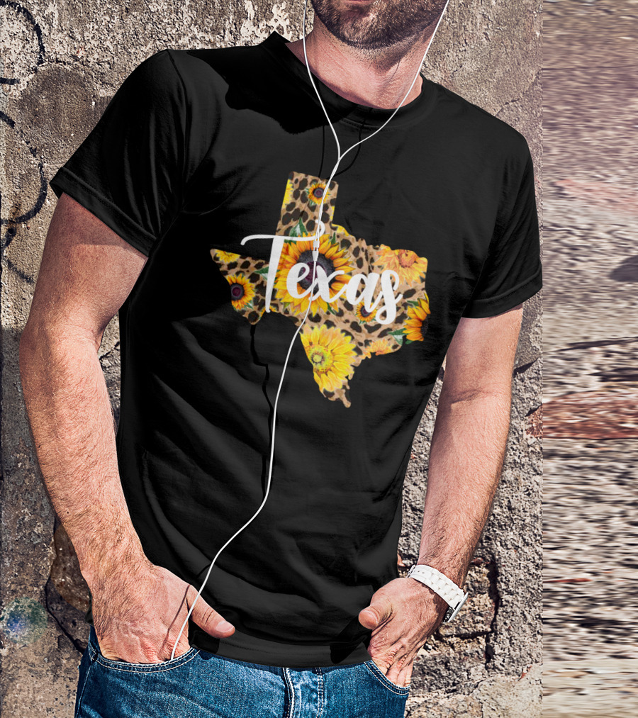 Texas Sunflower Leopard Print Wildflower State Map T-Shirt