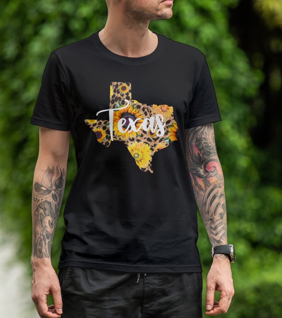 Texas Sunflower Leopard Print Wildflower State Map T-Shirt