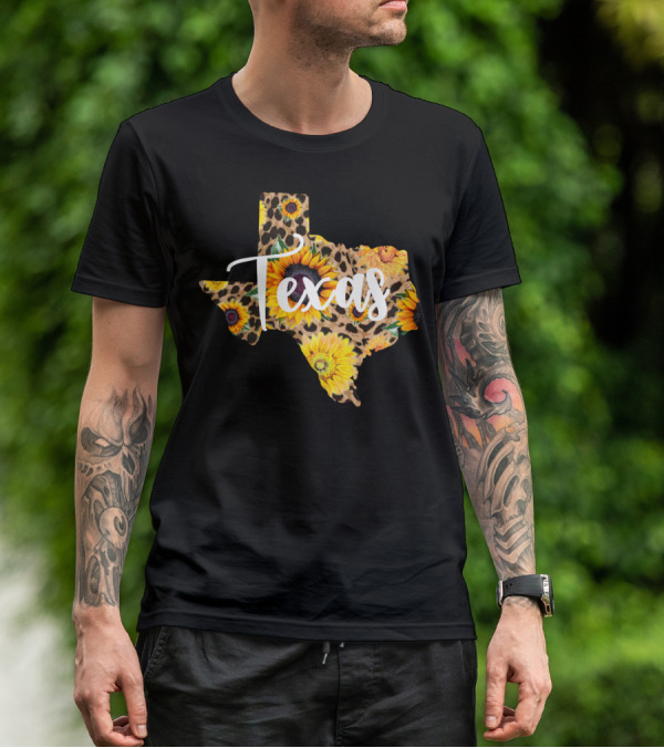 Texas Sunflower Leopard Print Wildflower State Map T-Shirt