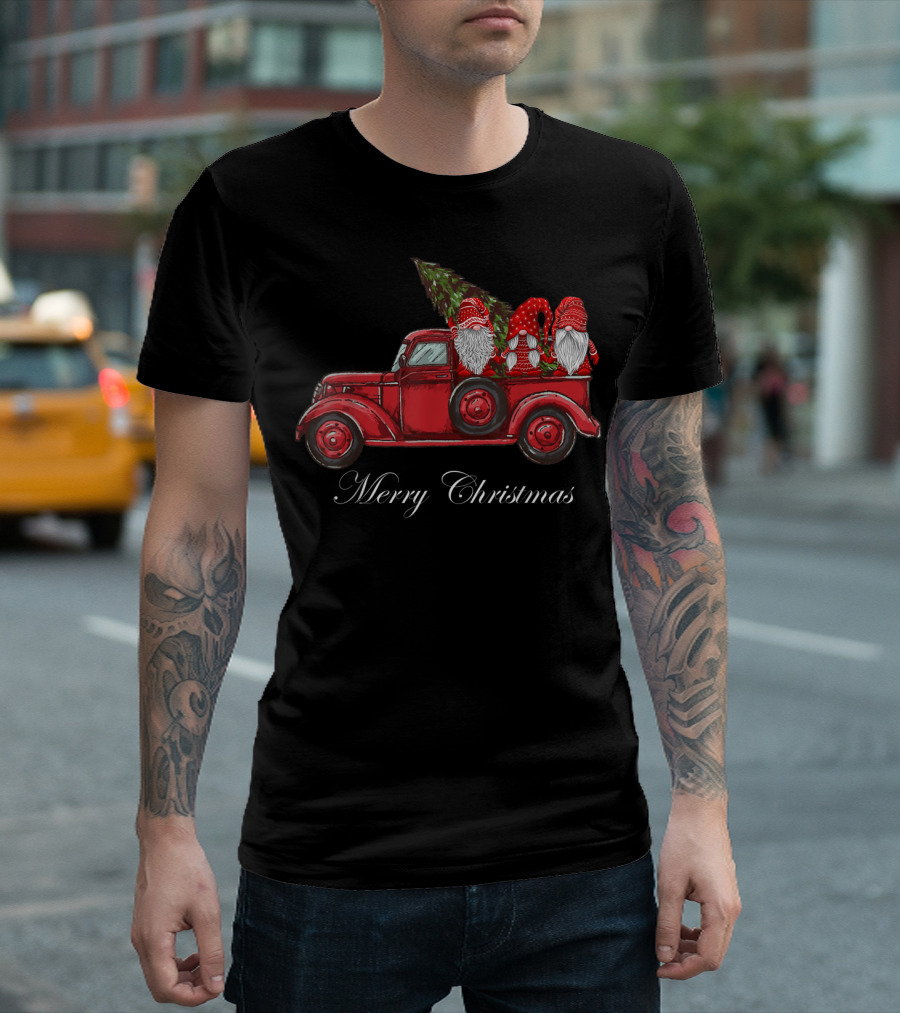 Three Gnomes in Red Truck with Merry Christmas Wishes T-Shirt