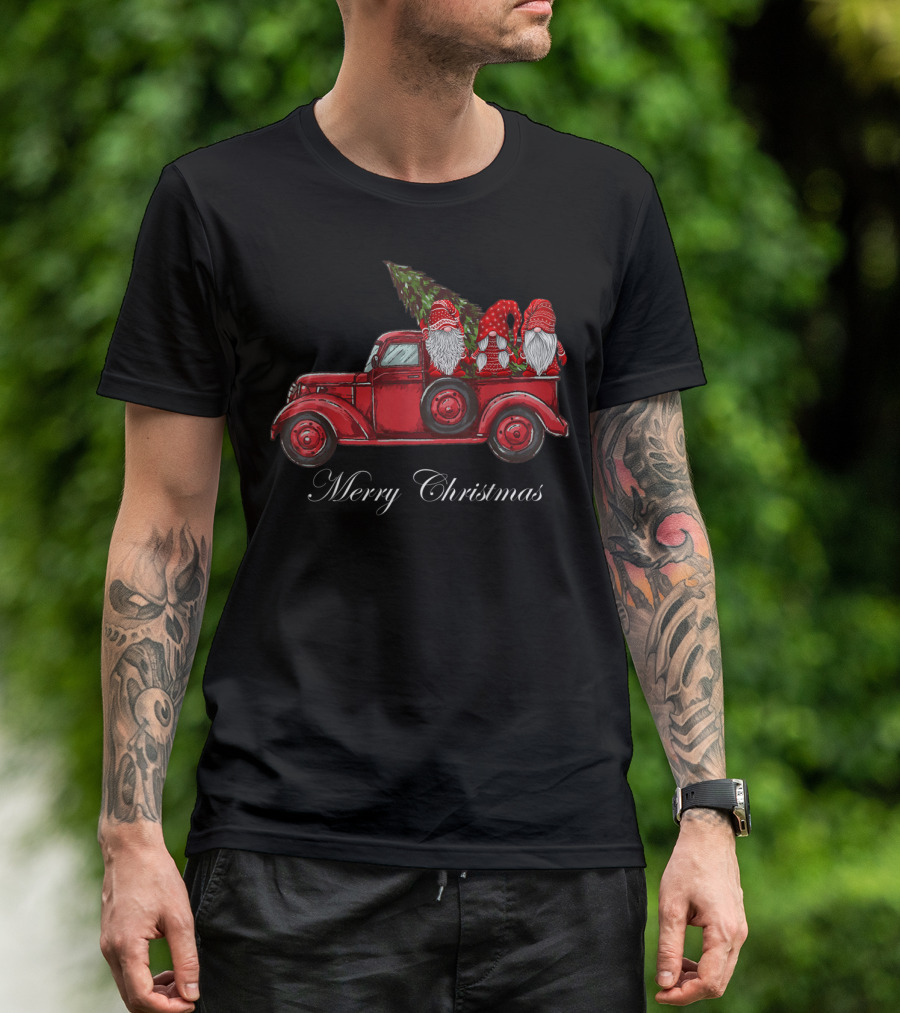 Three Gnomes In Red Truck With Merry Christmas Wishes T-Shirt