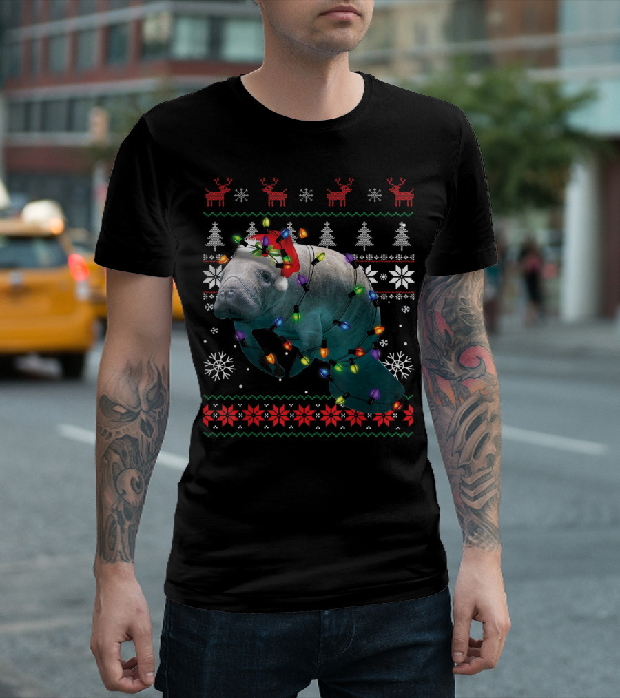 Ugly Christmas Manatee Santa Funny Mana Lover Holiday Lights T-Shirt