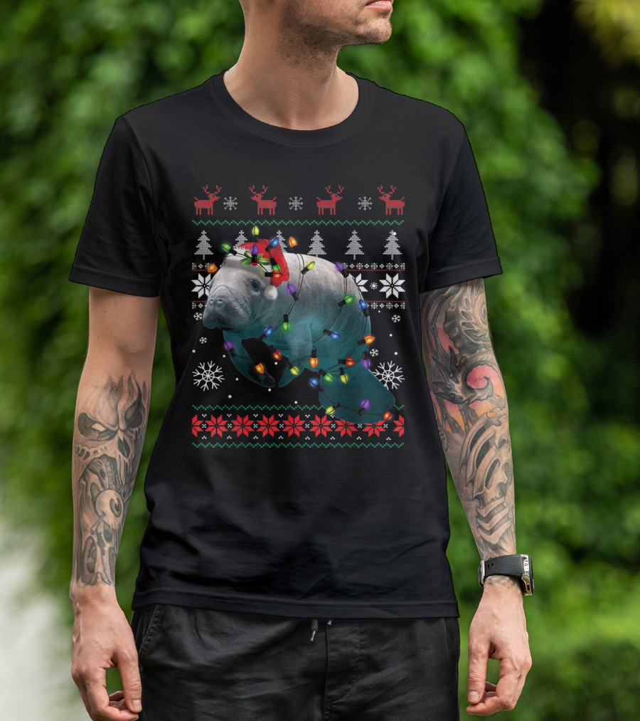 Ugly Christmas Manatee Santa Funny Mana Lover Holiday Lights T-Shirt