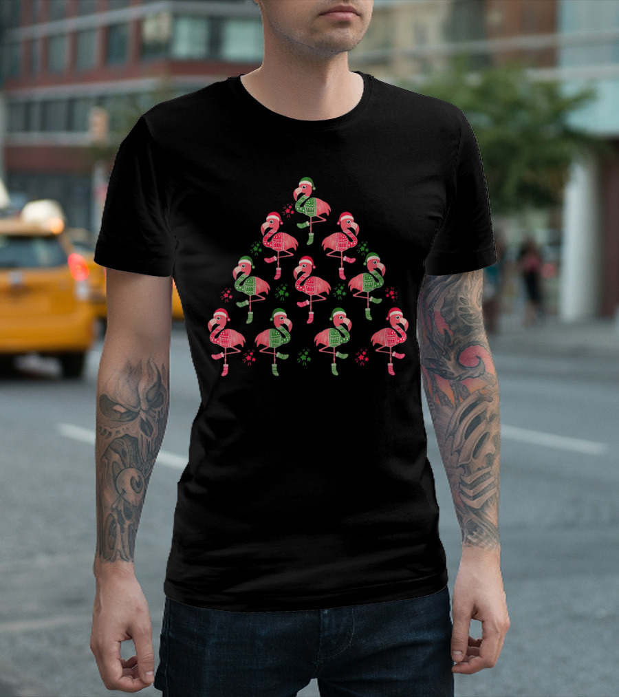 Flamingo Christmas Tree with Santa Hats and Holiday Sweaters T-Shirt