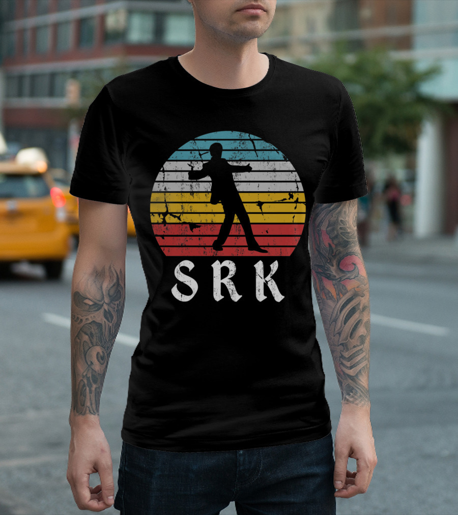 SRK Pose With Retro India Silhouette And Stripes T-Shirt