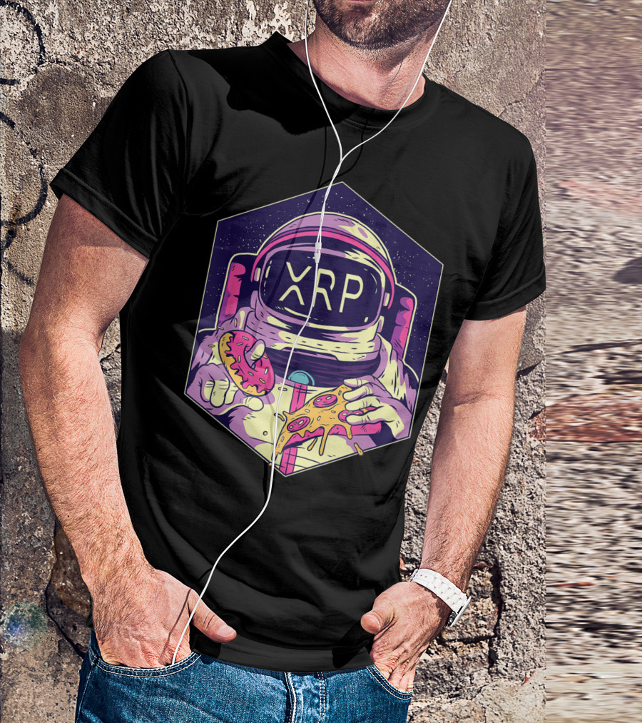 XRP Symbol Astronaut Eating Pizza And Donut Crypto Currency To The Moon T-Shirt