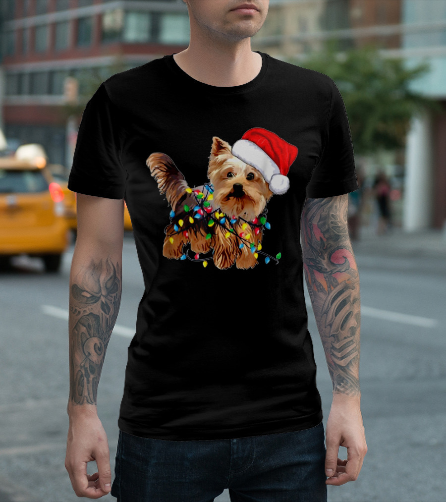 Yorkie Christmas Lights Santa Hat T-Shirt
