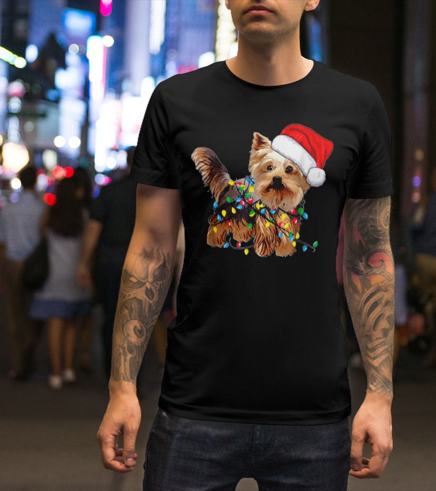 Yorkie Christmas Lights Santa Hat T-Shirt