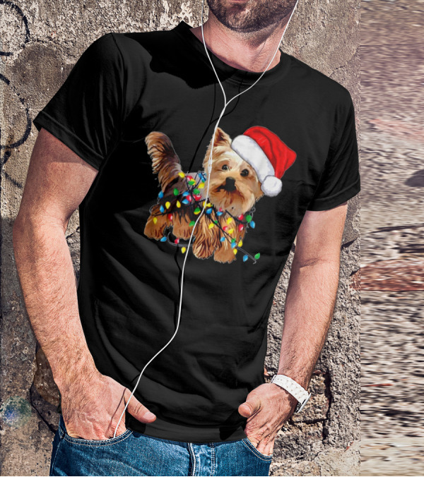Yorkie Christmas Lights Santa Hat T-Shirt