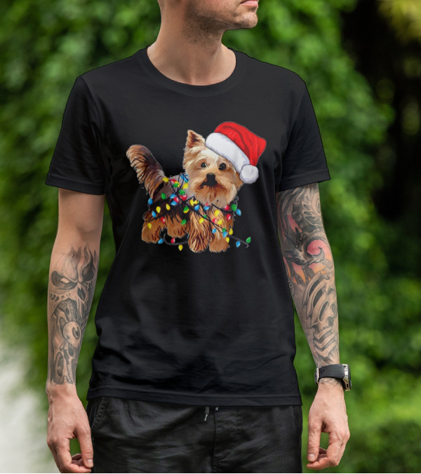 Yorkie Christmas Lights Santa Hat T-Shirt