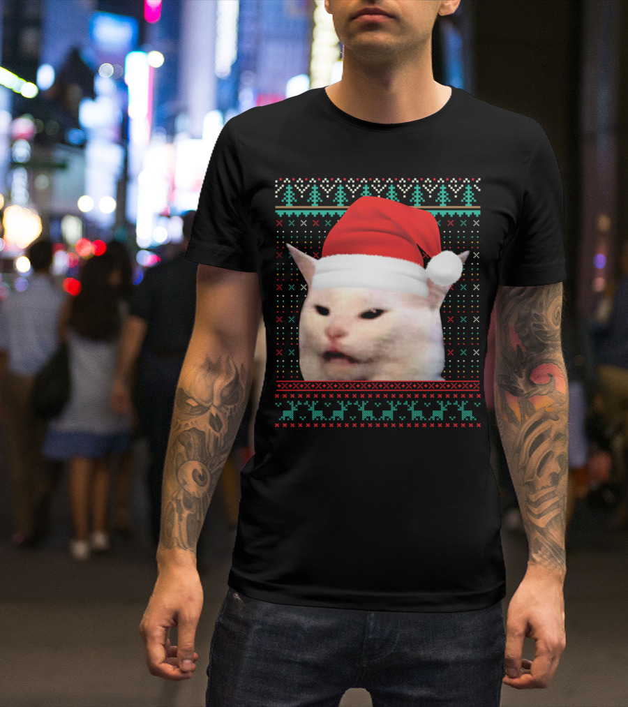 Cat Ugly Santa Hat Christmas Sweater Meme T-Shirt