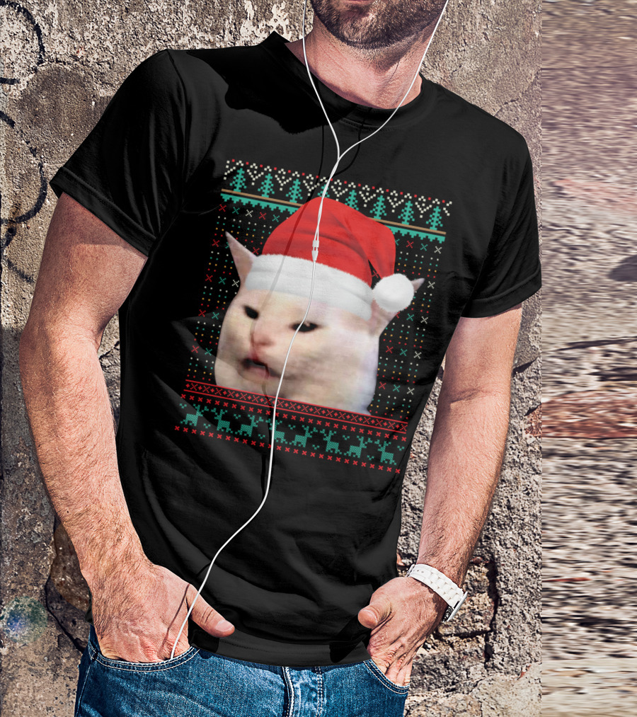 Cat Ugly Santa Hat Christmas Sweater Meme T-Shirt