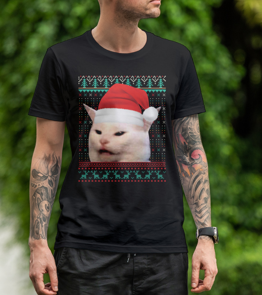 Cat Ugly Santa Hat Christmas Sweater Meme T-Shirt