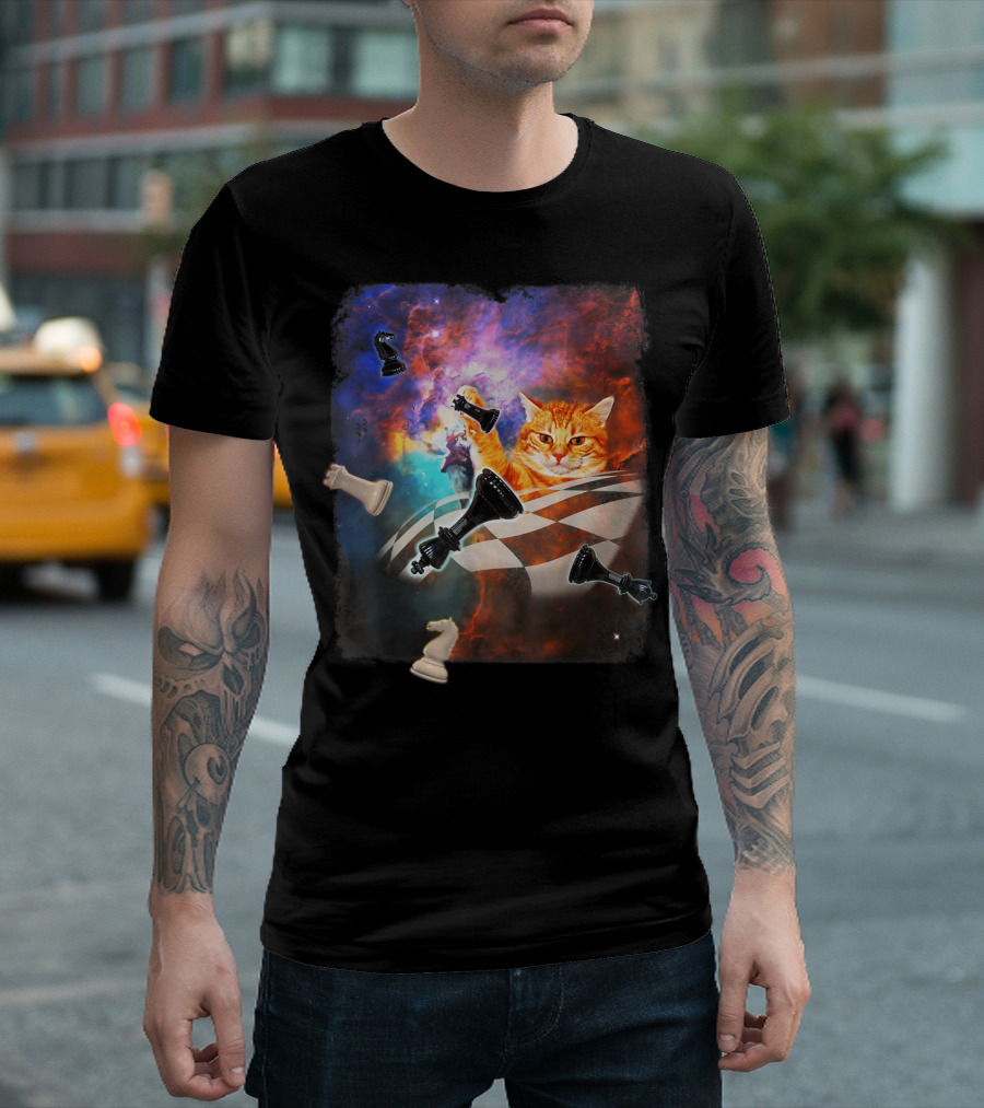 Chess Cat Floating Between Stars and Nebula with Chess Pieces T-Shirt