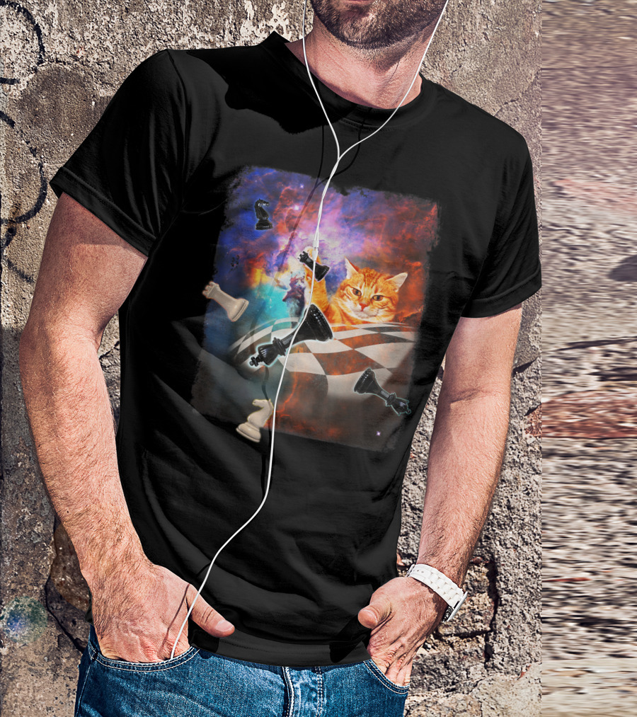 Chess Cat Floating Between Stars And Nebula With Chess Pieces T-Shirt