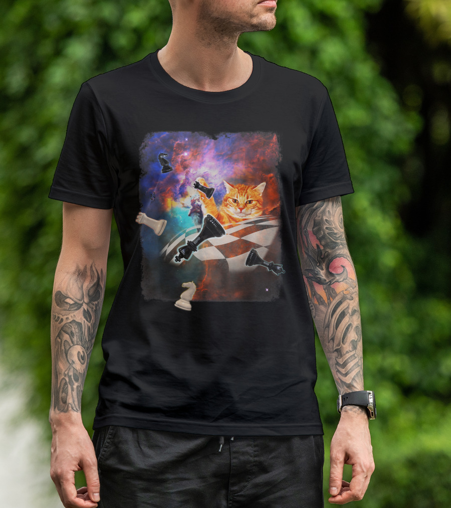 Chess Cat Floating Between Stars And Nebula With Chess Pieces T-Shirt