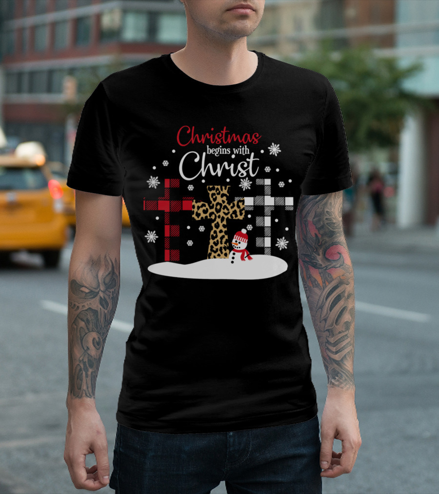Christmas Begins With Christ Snowman And Patterned Crosses T-Shirt