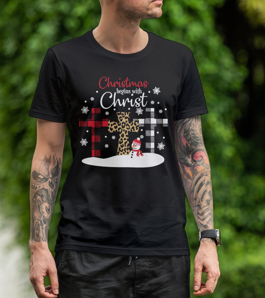 Christmas Begins With Christ Snowman And Patterned Crosses T-Shirt