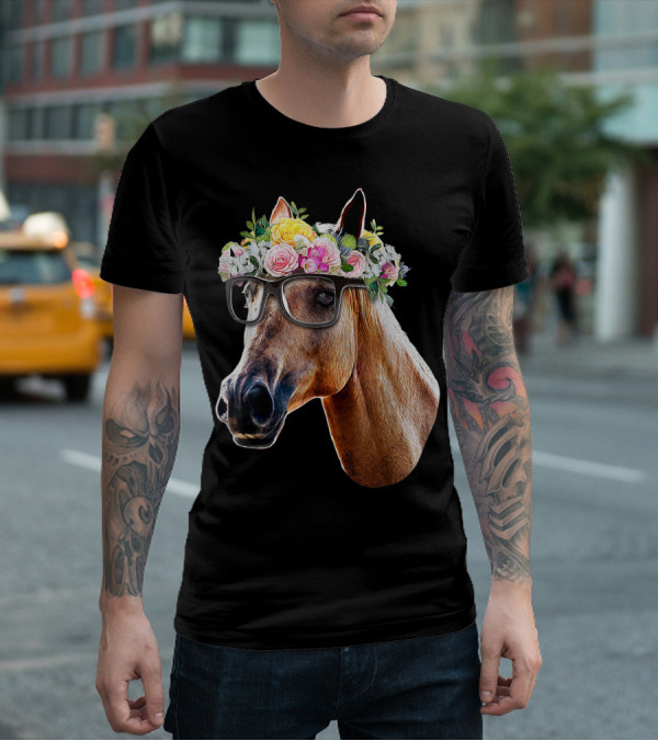 Floral Horse With Glasses Equestrian Farm Riding T-Shirt