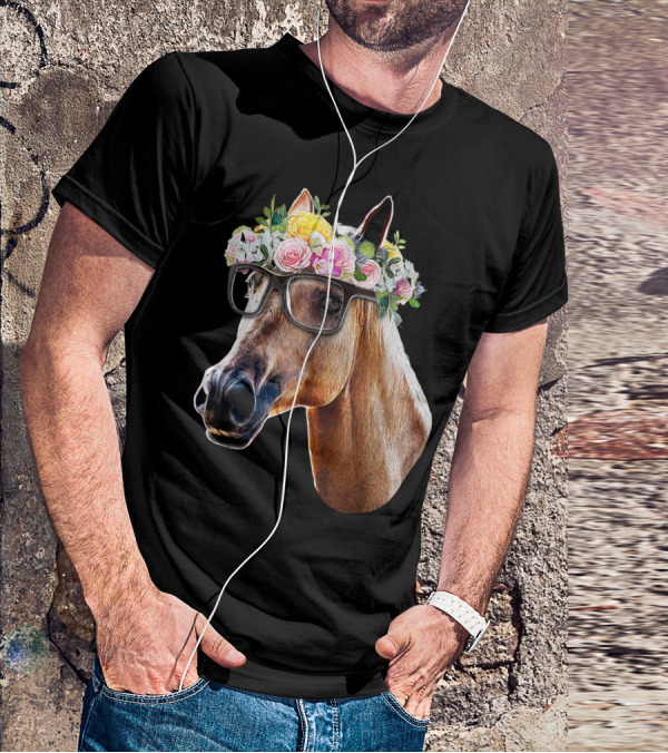 Floral Horse With Glasses Equestrian Farm Riding T-Shirt