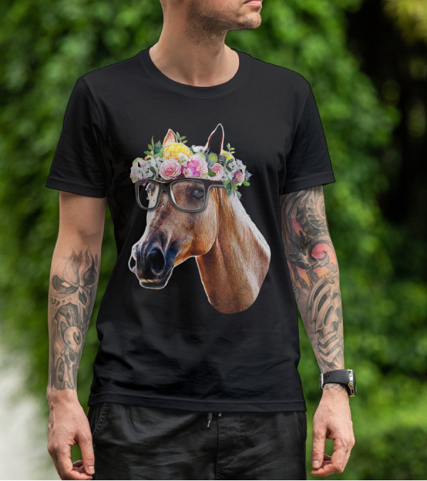 Floral Horse With Glasses Equestrian Farm Riding T-Shirt