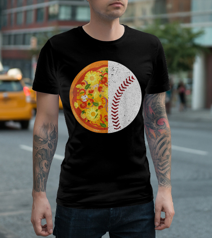 Funny Baseball Lover Eat Pizza Half Sport Pizza Baseball T-Shirt