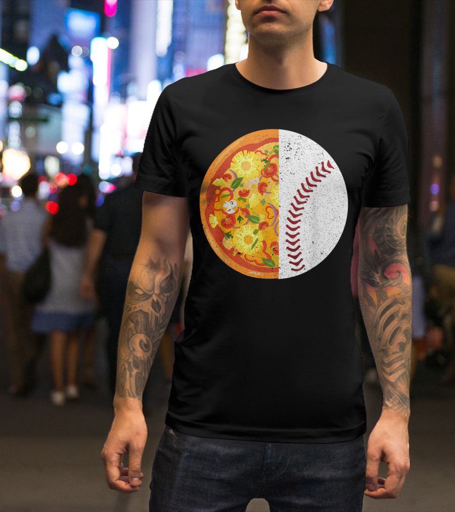 Funny Baseball Lover Eat Pizza Half Sport Pizza Baseball T-Shirt