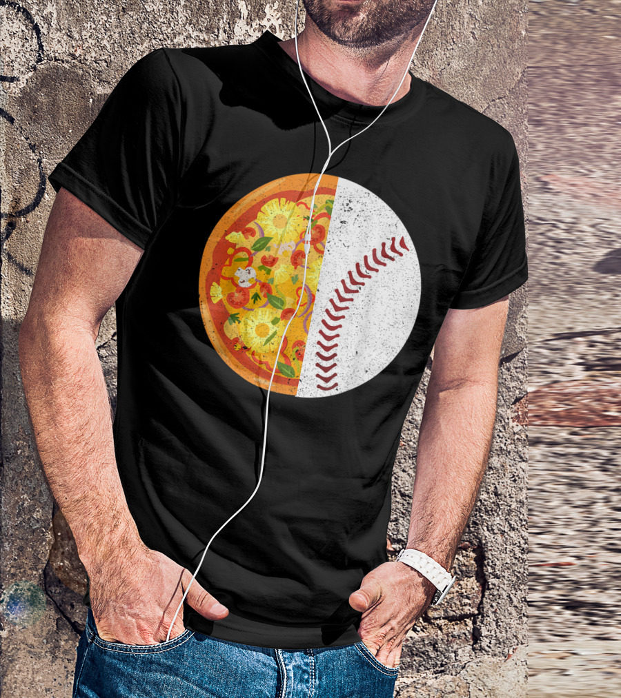 Funny Baseball Lover Eat Pizza Half Sport Pizza Baseball T-Shirt