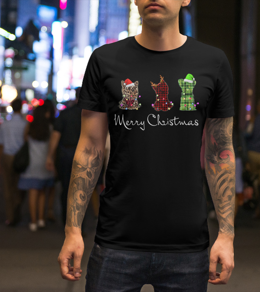 Merry Christmas Three Yorkshire Terriers Leopard Red Green Checkered T-Shirt