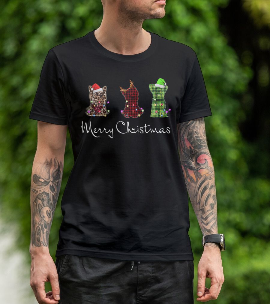 Merry Christmas Three Yorkshire Terriers Leopard Red Green Checkered T-Shirt