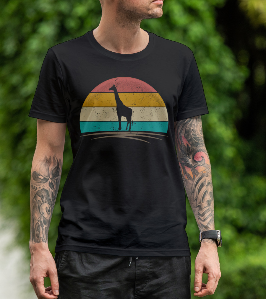 Vintage Giraffe Distressed Sunset Silhouette Giraffe Stripe Retro T-Shirt