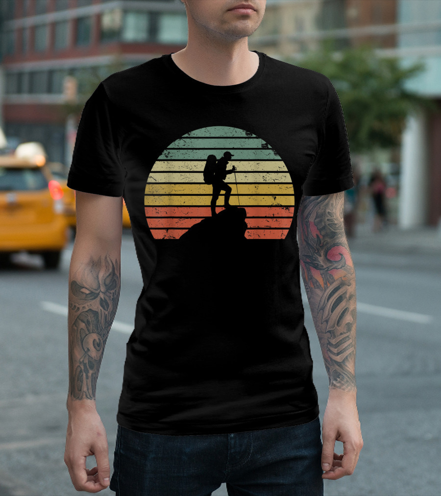 Retro Hiking Hiker Silhouette On Mountain Rock And Sunset Stripes T-Shirt