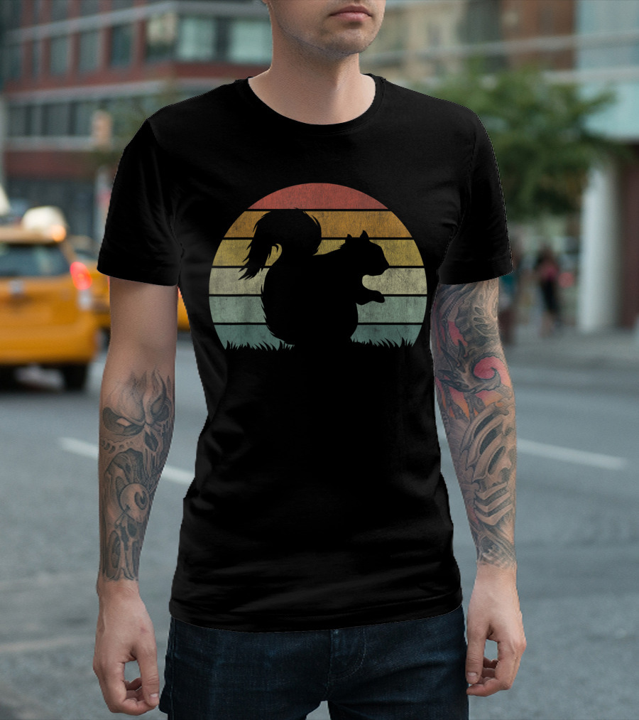 Vintage Sunset Squirrel Silhouette Stripes Retro Chestnut T-Shirt
