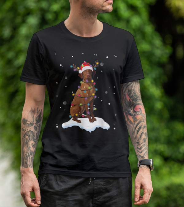 Vizsla Wrapped In Christmas Lights With Santa Hat And Antlers In Snow T-Shirt