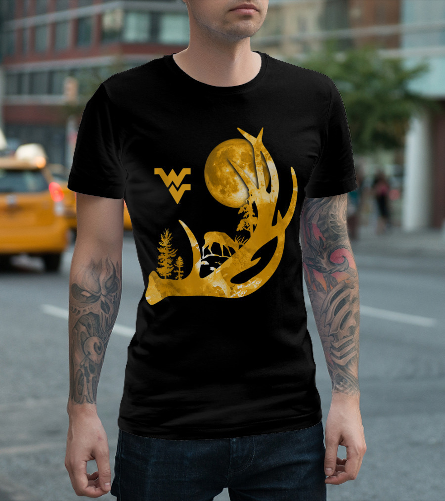 West Virginia Mountaineers Antler Moon Deer Silhouette Fan T-Shirt