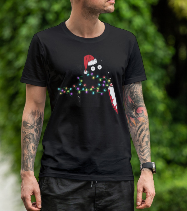 What Cat Wrapped In Xmas Lights Holding Knife Wearing Santa Hat T-Shirt