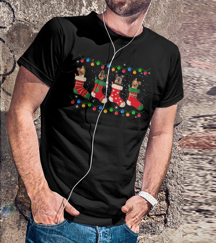 Yorkie Stockings With Christmas Lights And Funny T-Shirt