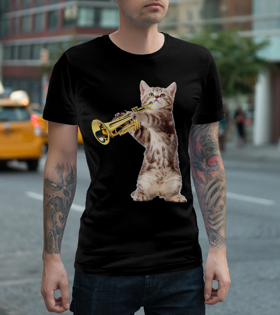 Birthday Christmas Vintage Cat Playing Trumpet T-Shirt