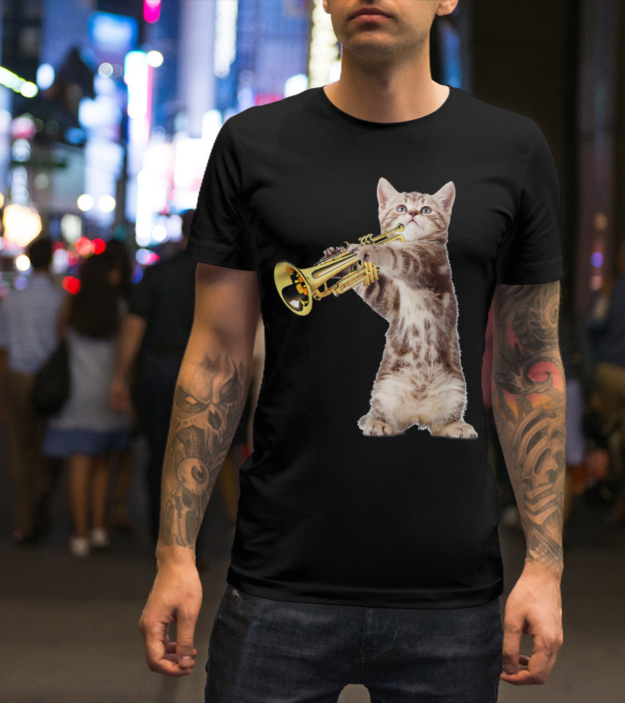 Birthday Christmas Vintage Cat Playing Trumpet T-Shirt