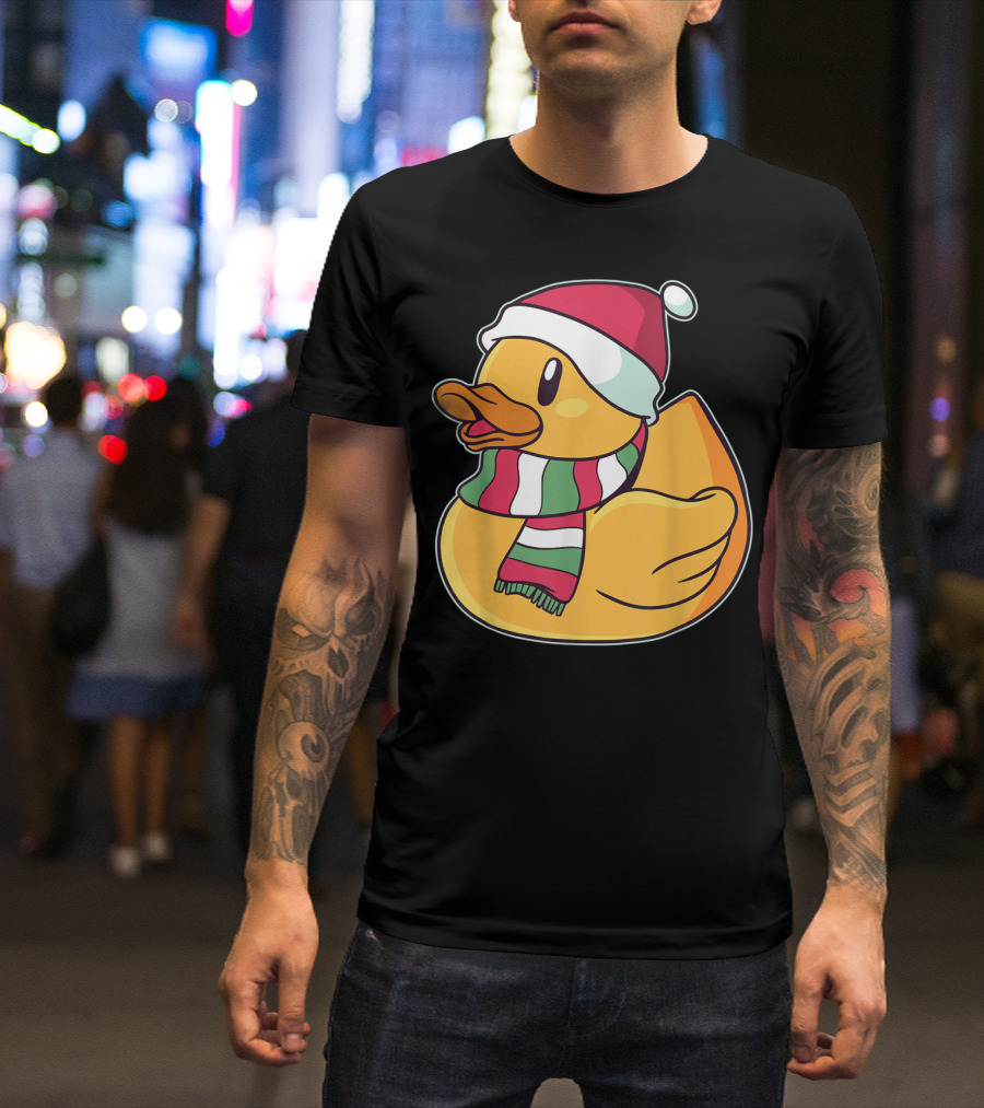 Xmas Rubber Ducky Duckie Duck With Santa Hat And Scarf T-Shirt
