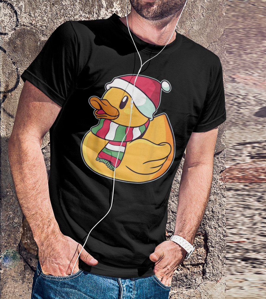 Xmas Rubber Ducky Duckie Duck With Santa Hat And Scarf T-Shirt