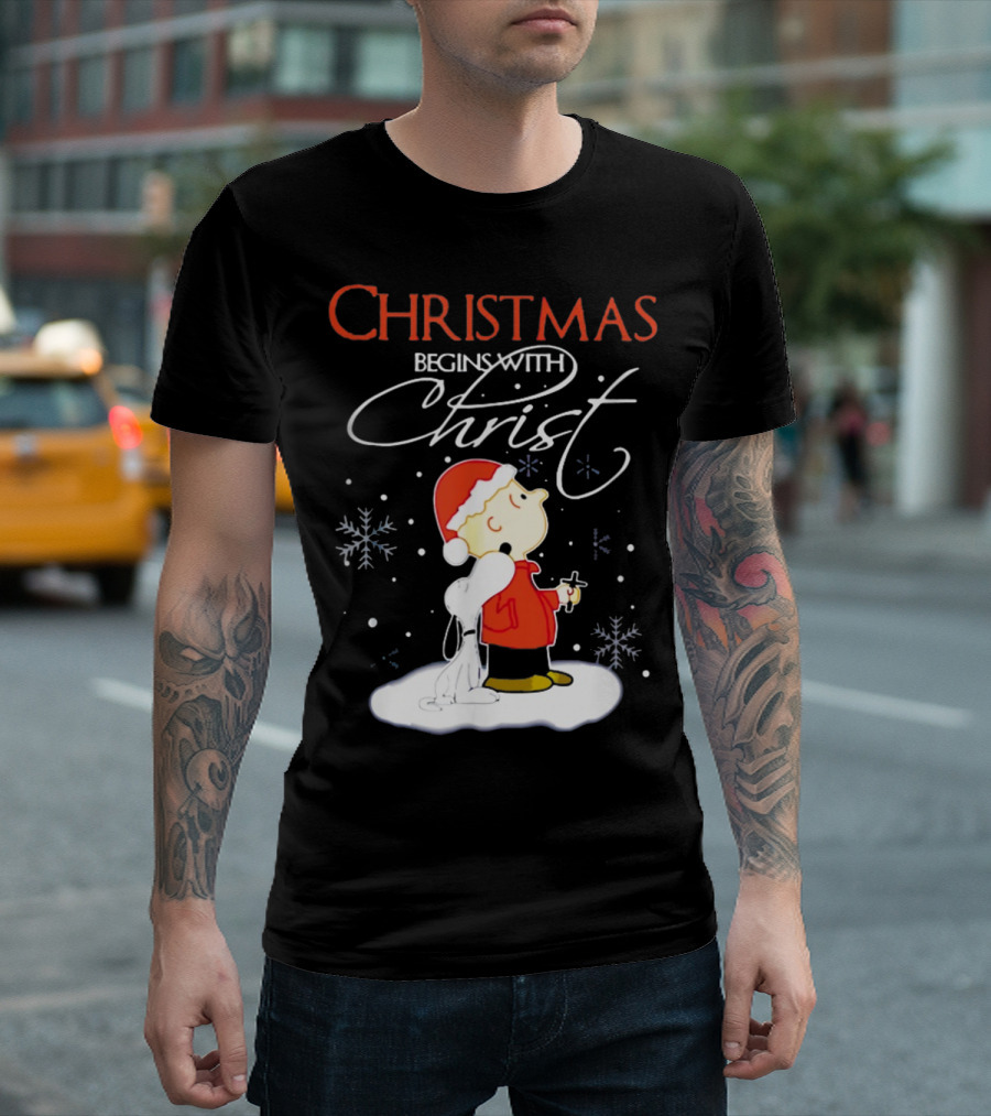 Christmas Begins With Christ Xmas Holiday Boy And Dog With Snowflakes T-Shirt