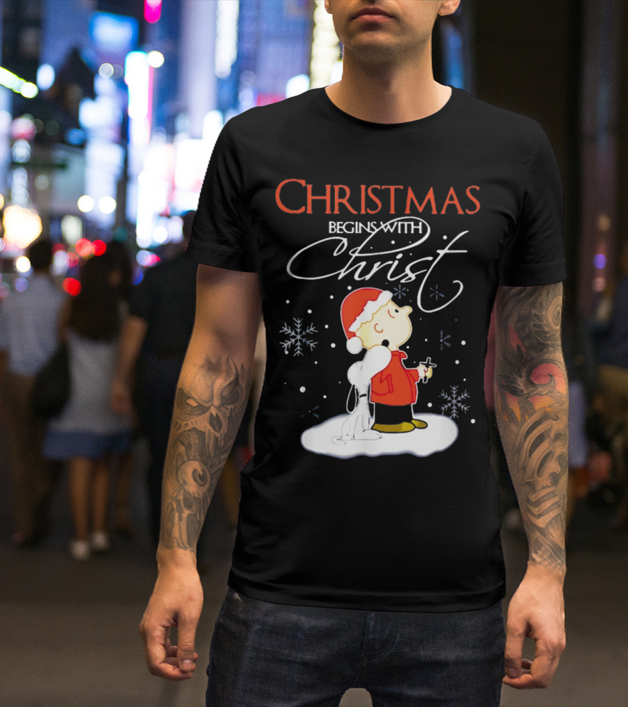 Christmas Begins With Christ Xmas Holiday Boy And Dog With Snowflakes T-Shirt