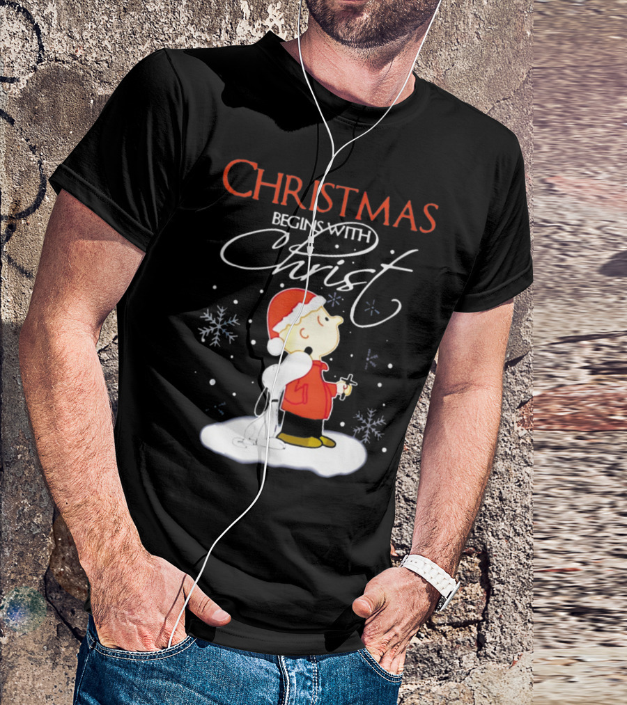 Christmas Begins With Christ Xmas Holiday Boy And Dog With Snowflakes T-Shirt
